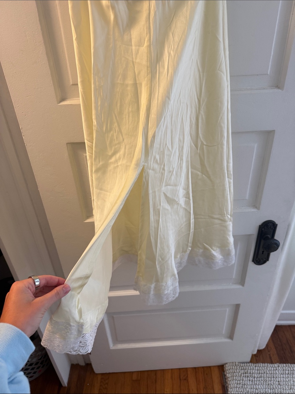 Women's Midi Slip Skirt in Pale Yellow with Lace Hem - Picture 4 of 5